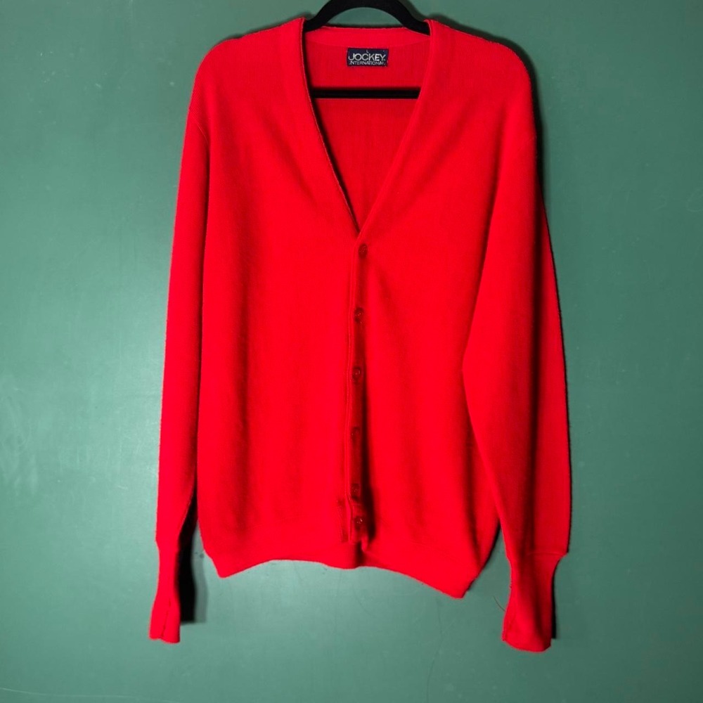 Jockey International Vintage Cherry Red Cardigan Sweater Womens Large